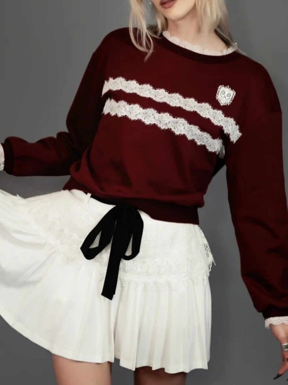 Lively Ghosts Burgundy Lace-Trim Sweater